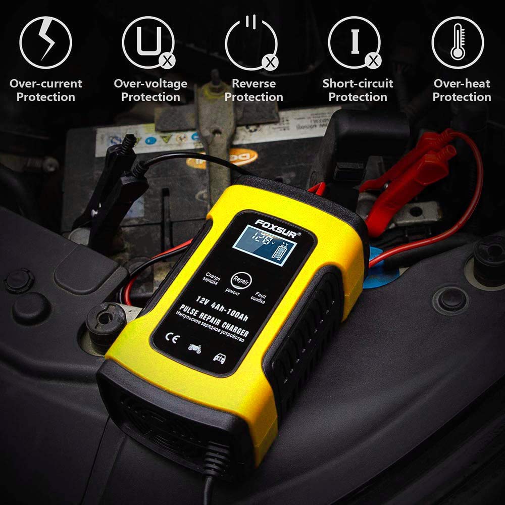 FOXSUR Cargador y mantenedor de batería de coche, 12 V 5 amperios, completamente automático, cargador de batería inteligente con visualización LCD, utilizado para cargar, mantener y reparar baterías