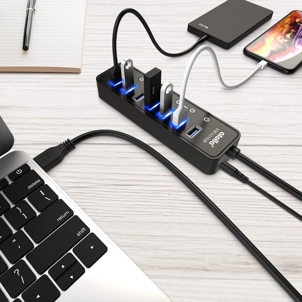 atolla Hub USB 3.0, 7 Puertos Multi USB 3.0 Hub con Interruptor Independiente + 1 Puerto de Carga USB y 5V / 4A Adaptador de Corriente Extension USB para MacBook, Mac Pro/Mini y más