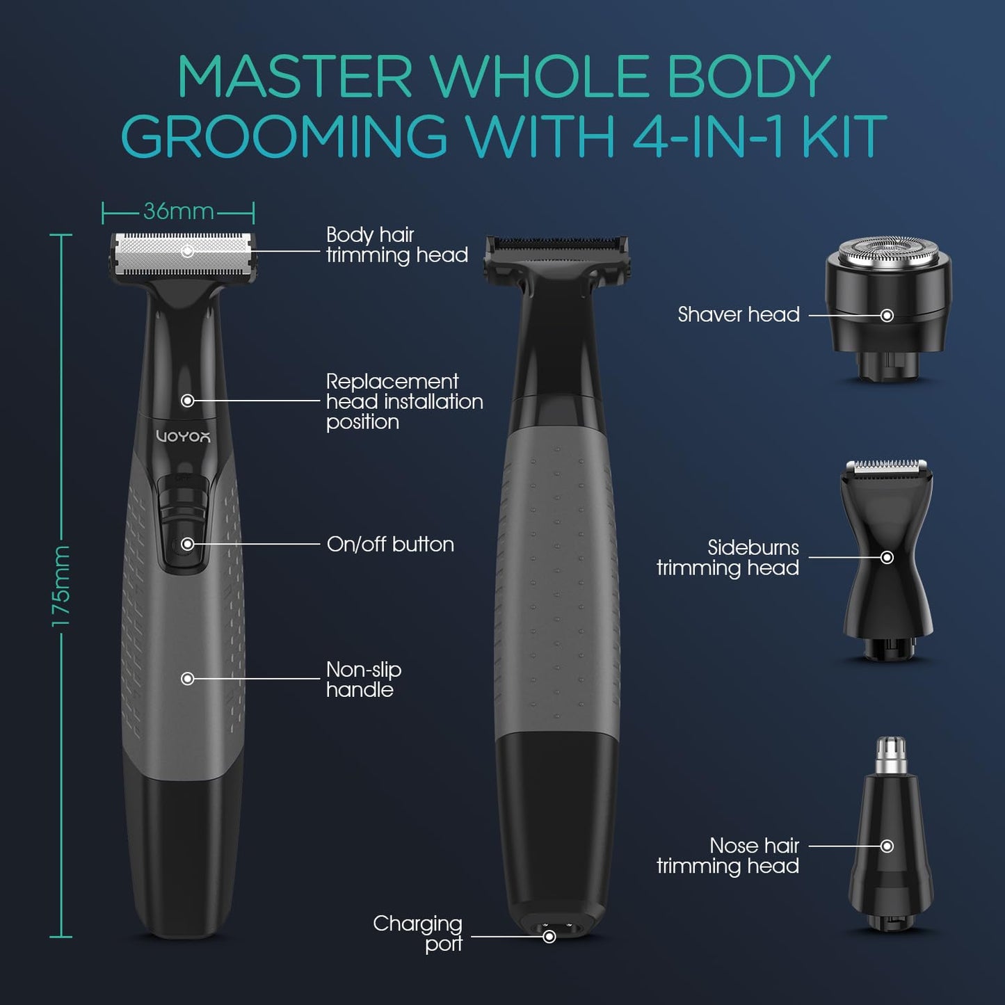 VOYOR Cortadora de barba para hombre, cortapelos profesional con peine de longitud ajustable, para nariz, cara, cuerpo, todo en 1, kit de aseo para hombre, afeitadora eléctrica inalámbrica y afeitadora, recargable, húmedo/seco TX510