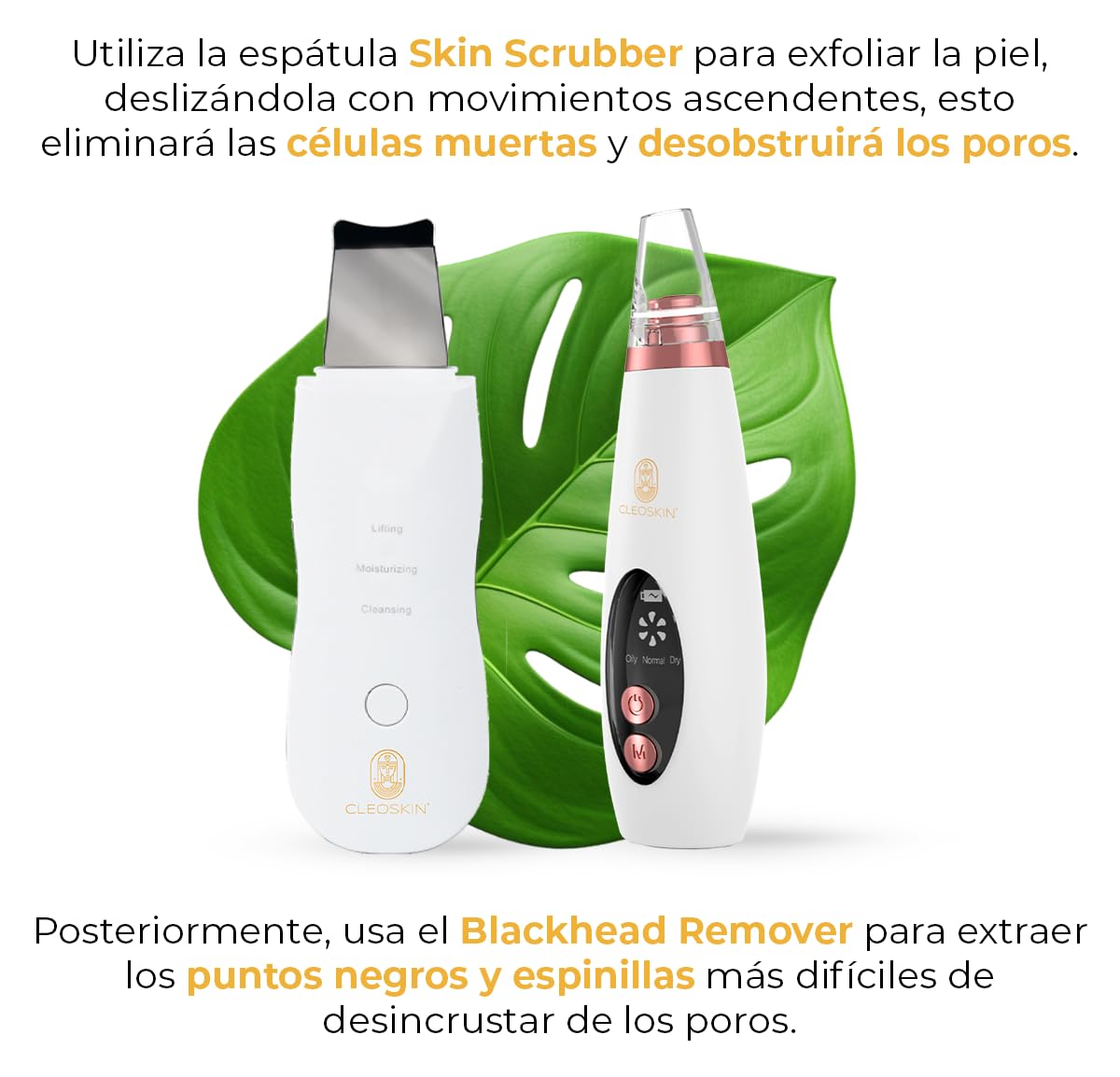 CLEOSKIN Espátula Skin Scrubber y Blackhead Remover, extrae espinillas y puntos negros, exfolia la piel, elimina el sebo facial, máquina de limpieza profunda, exfoliante, anti-acné, comedones, granos. Peeling facial. Cuidado de la piel, skincare.