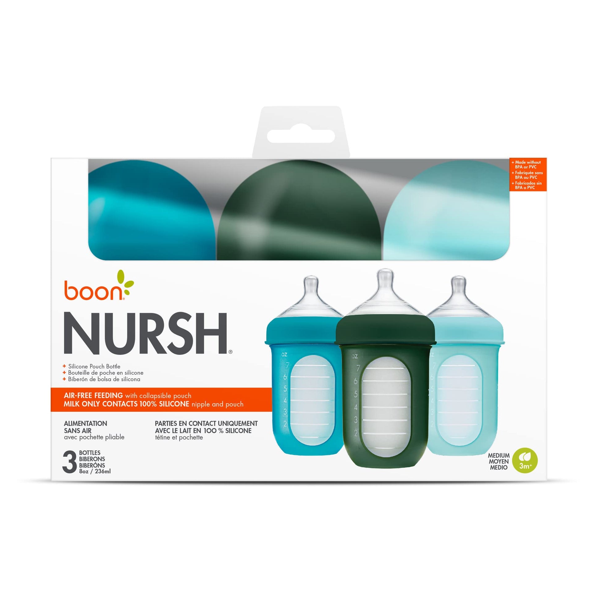 Boon NURSH SILICONE POUCH BOTTLE 8oz 3pk - Blue Multi