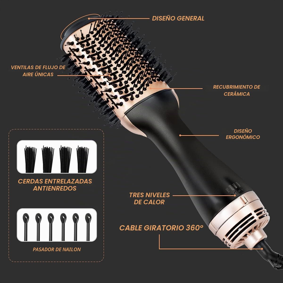Cepillo de Aire Caliente Beautimeter Negro y Dorado 3 en 1 1000 W