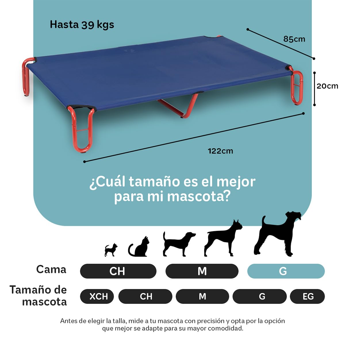 Cama Elevada para Perro Grande ESQUIMAL Azul Rojo con Malla Transpirable Ideal en Calor