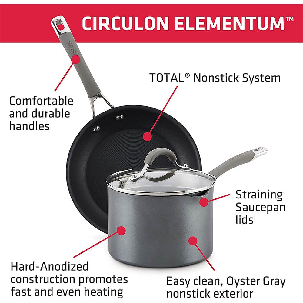 Circulon 84564 Elementum Juego de utensilios de cocina antiadherentes anodizados duros, 10 piezas, color gris