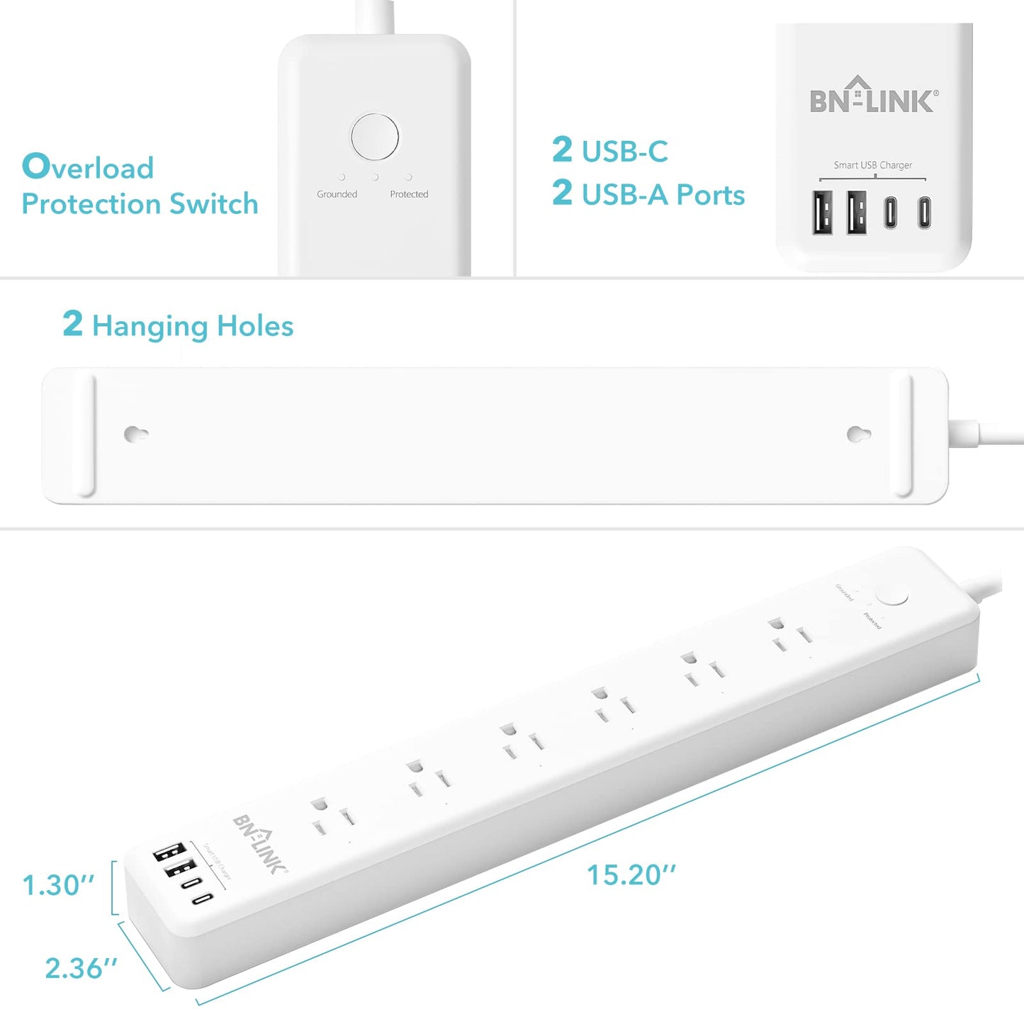 BN LINK Smart Plug Power Strip, protector de sobretensiones con 6 tomas inteligentes controladas individualmente, 4 USB (incl. 20 W USB-C), compatible con Alexa y Google Home