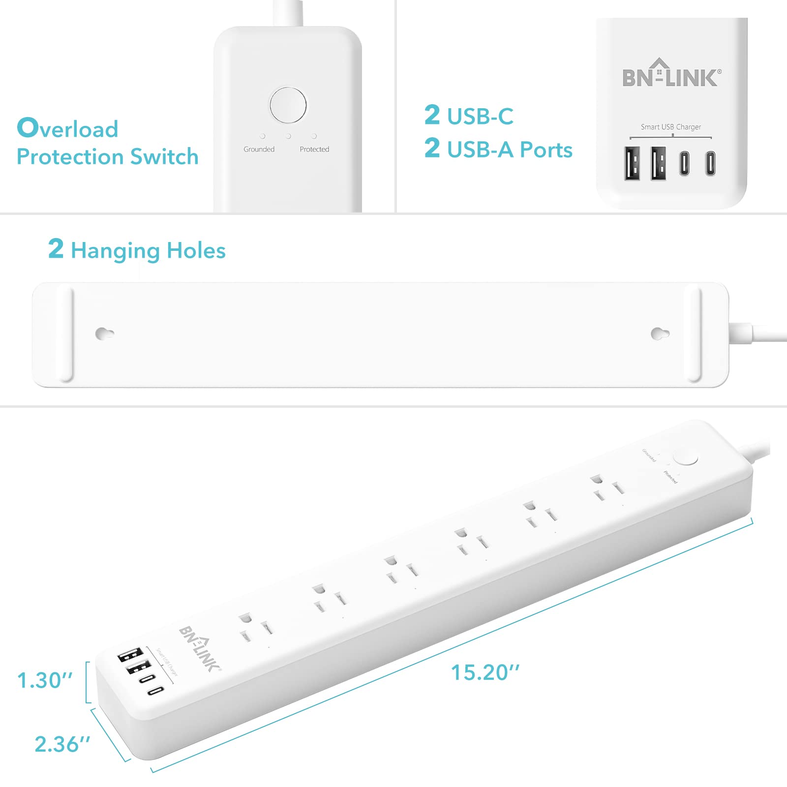 BN LINK Smart Plug Power Strip, protector de sobretensiones con 6 tomas inteligentes controladas individualmente, 4 USB (incl. 20 W USB-C), compatible con Alexa y Google Home