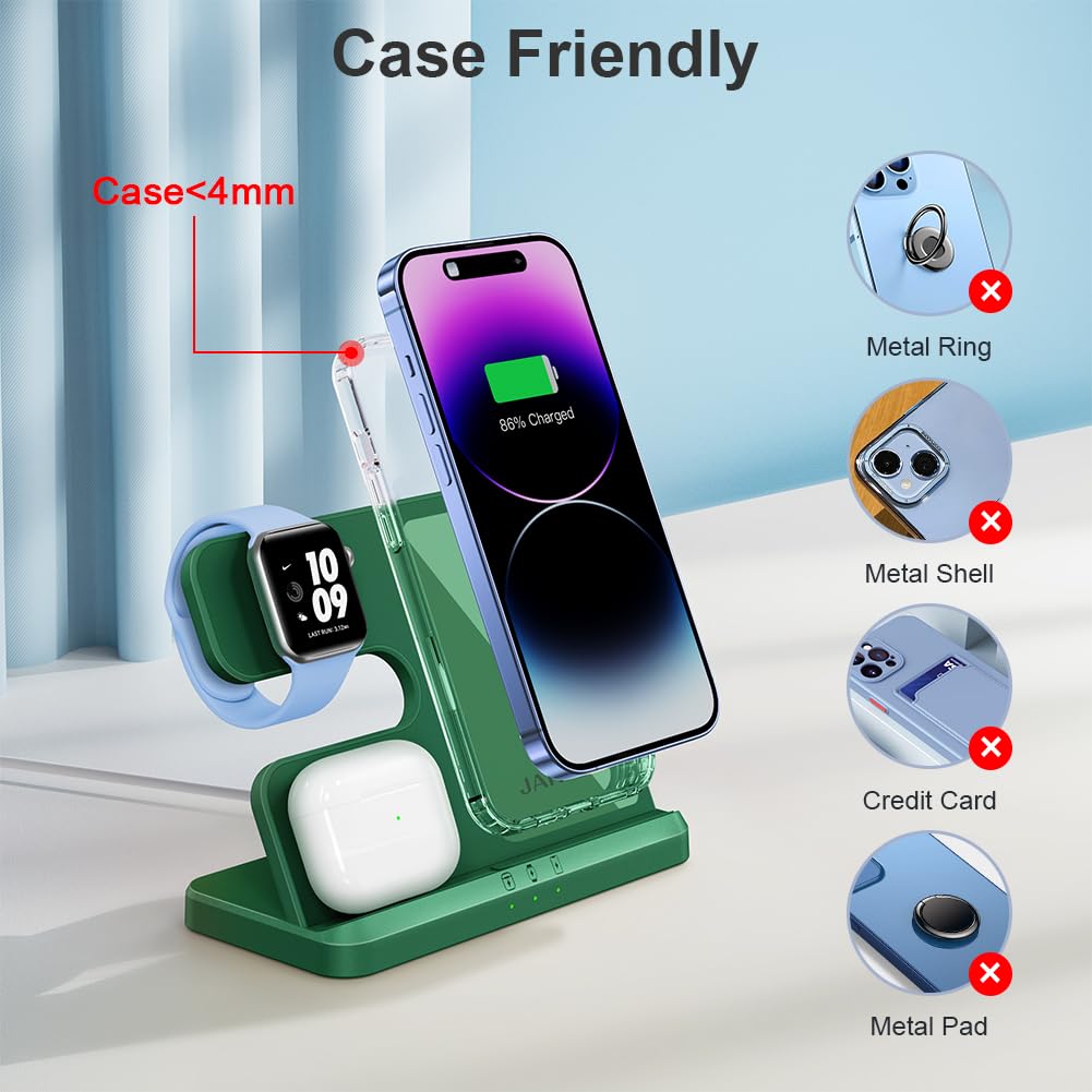 JARGOU - Estación de carga 3 en 1 para Apple Cargador inalámbrico para iPhone 16 15 14 13 12 11 X 8 y para Apple Watch Charger estación de carga inalámbrica para múltiples dispositivos para AirPods 4