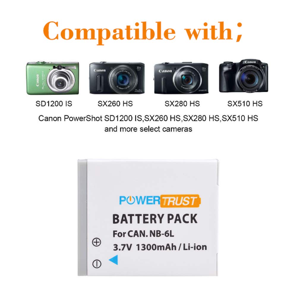 Paquete de Baterías PowerTrust NB-6L NB-6LH con Cargador USB LCD para Cámara Canon Color Negro