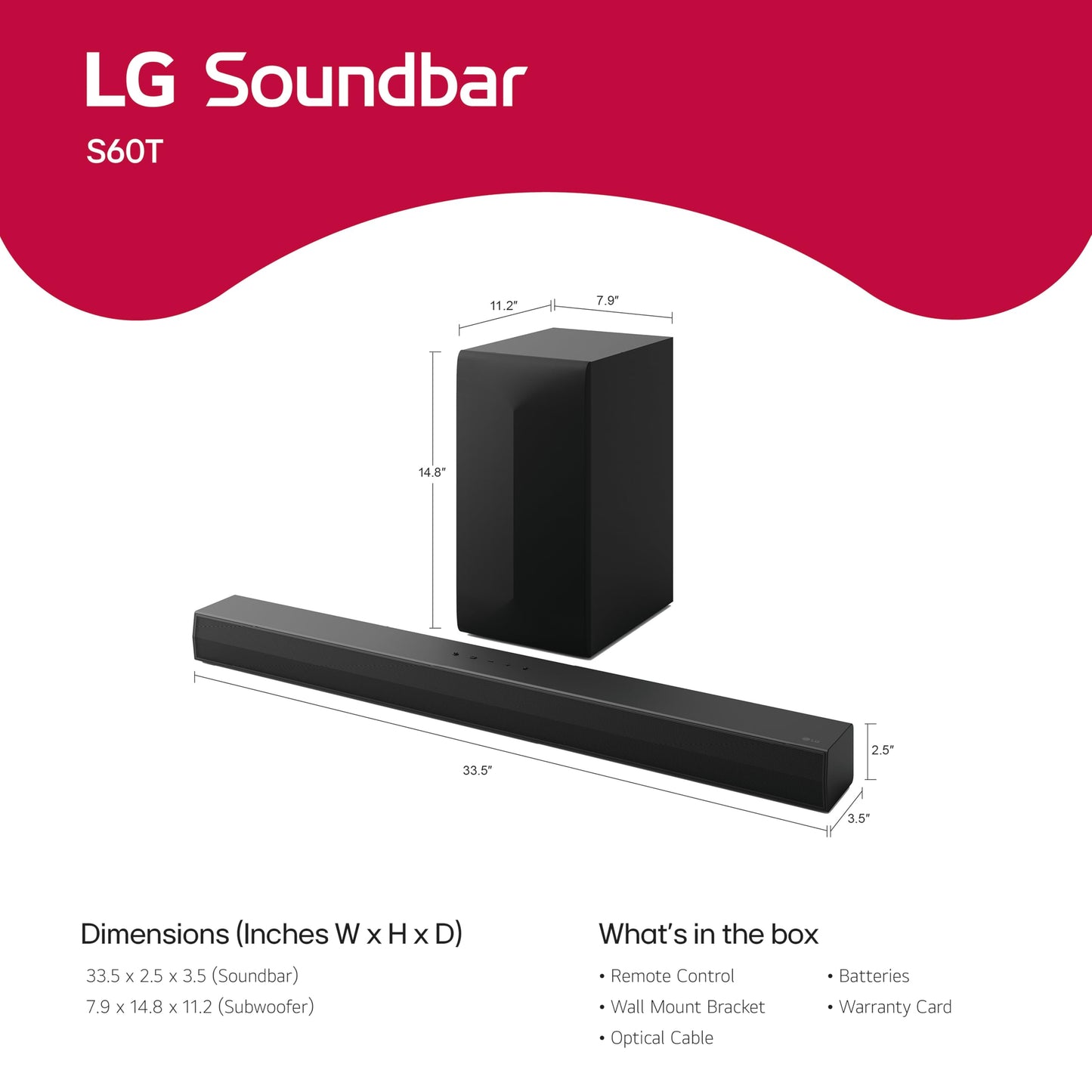 LG S60T 3.1 ch. Barra de Sonido con subwoofer inalámbrico, Dolby Audio, TV Synergy, Wow Interface, AI Sound Pro (Modelo 2024)