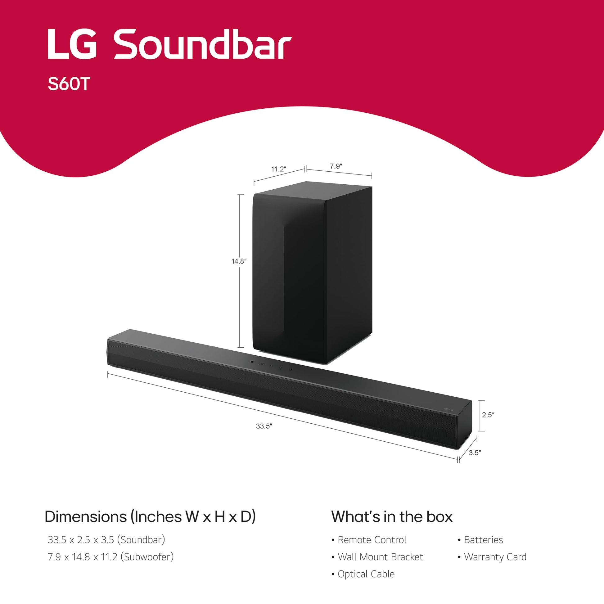 LG S60T 3.1 ch. Barra de Sonido con subwoofer inalámbrico, Dolby Audio, TV Synergy, Wow Interface, AI Sound Pro (Modelo 2024)