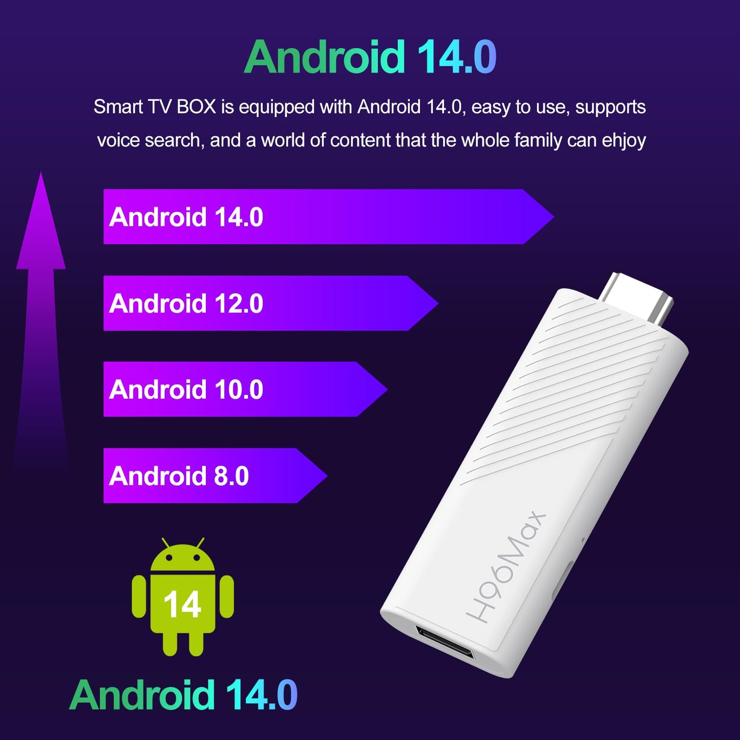 H96 MAX Android 14.0 TV Stick ATV Quad-Core WiFi6 2.4G/5.8Ghz BT5.0 4K AV1 Ultra HD Control de Voz Reproductor Hogar Inteligente