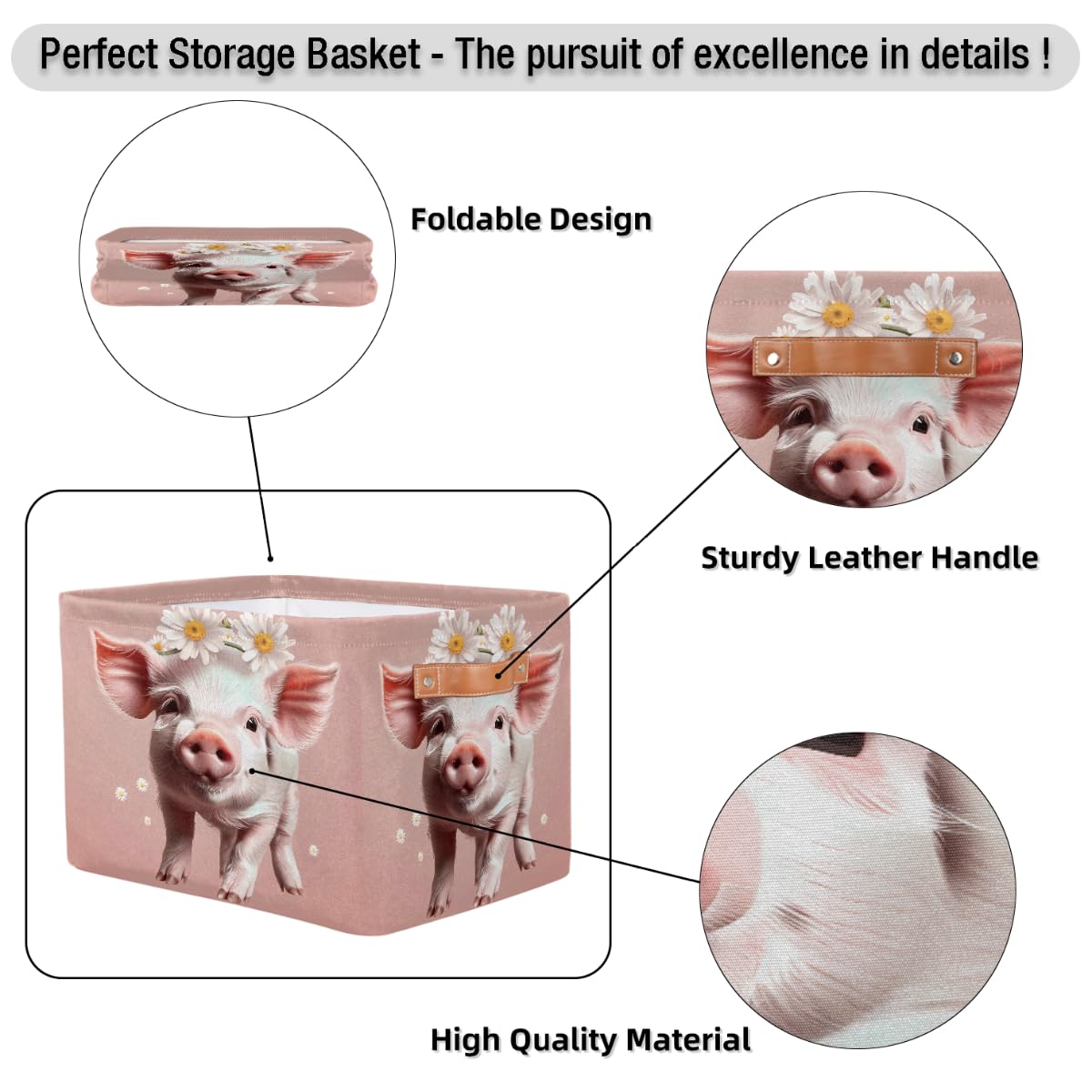 AUUXVA Seulife - Cesta de almacenamiento plegable con diseño de cerdo y flores, tamaño grande, plegable, organizador de almacenamiento con asas para cuarto de baño, guardería, guardería, armario, 1 paquete