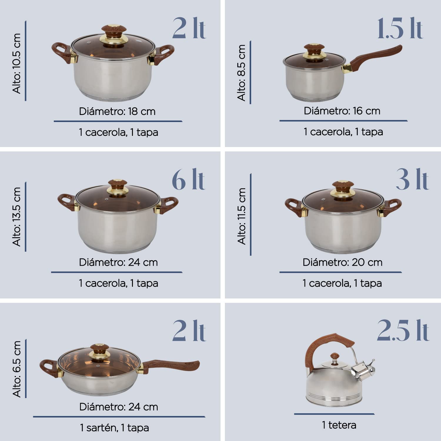 COLORHOME DESIGN | Batería de Cocina Acero Inoxidable - 11 Piezas – Triple Capa Y Tapas de Vidrio Templado – Mango de Baquelita Marrón - Juego de Caserolas de Cocina, Sartén, Teterá