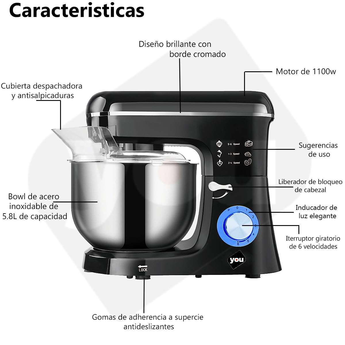 Batidora de Pedestal Profesional Planetaria Uso Rudo 6 Velocidades de 1100 Watts Tazón de 5.8 Litros, Cabeza Inclinable con Accesorios Repostería y Panadería en el Hogar