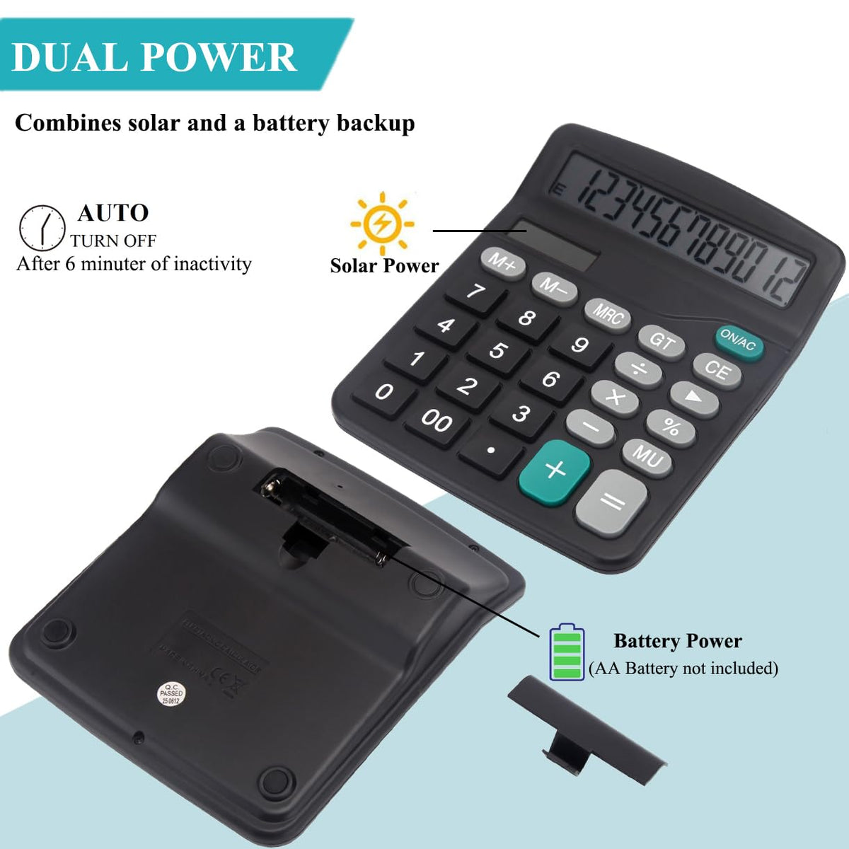 Calculadora Básica de Oficina para Computadora con Pantalla Grande de 12 Dígitos y Energía Solar Dual