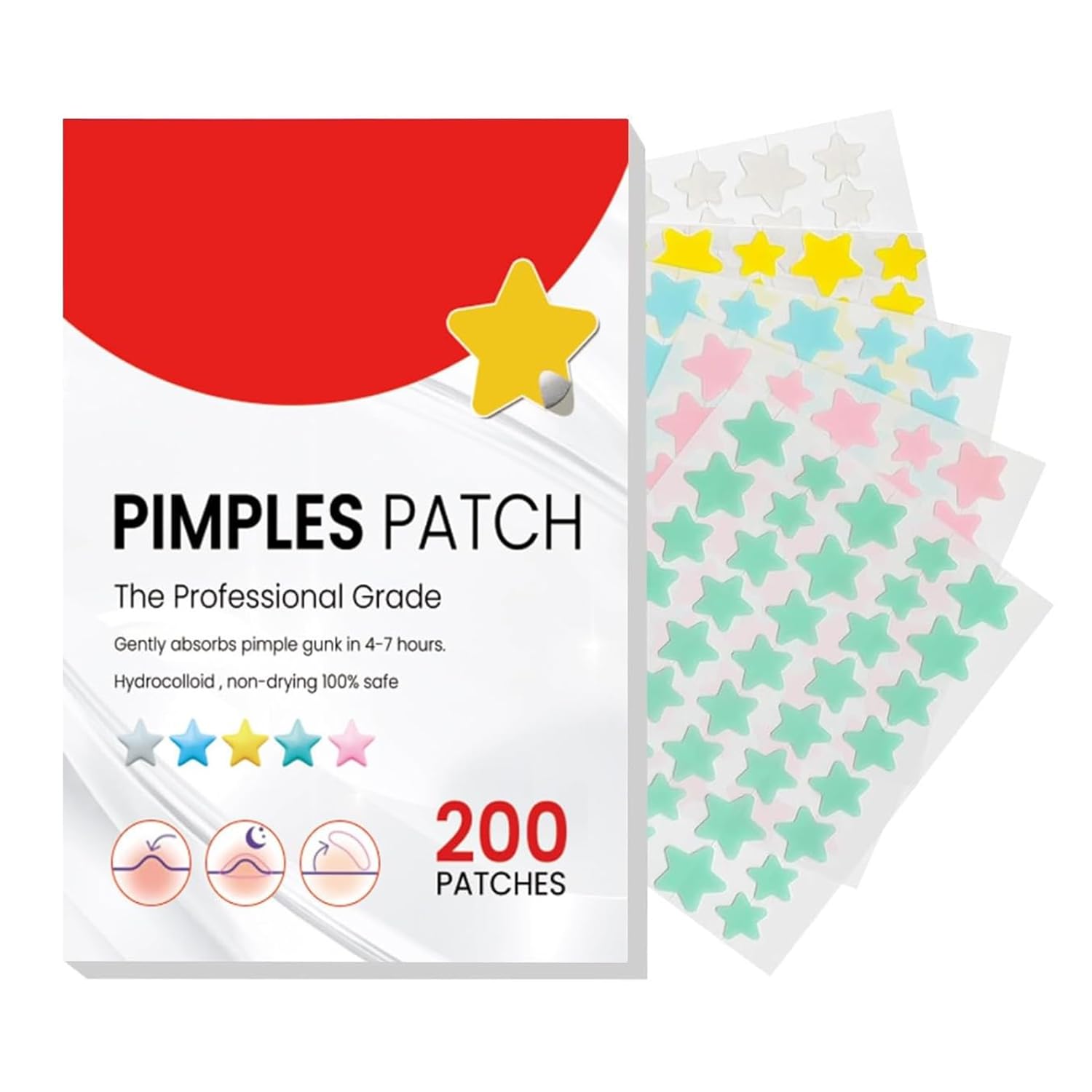 Parches para Acne,Pimple Patch,200 Almohadillas Hidrocoloides para Espinillas, Parches para Espinillas, Pimple Reduce Enrojecimiento,Forma de Estrella, Pueden Absorber la Secreción (Rojo)