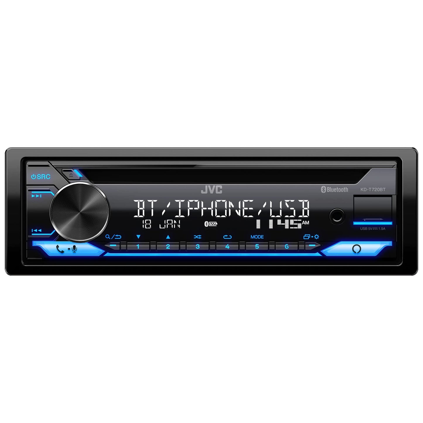 JVC KD-T720BT - Estéreo de coche con CD, Single Din, audio Bluetooth y llamadas manos libres con micrófono externo, CD, MP3, USB, entrada AUX, radio AM/FM, amplificador de alta potencia, control de