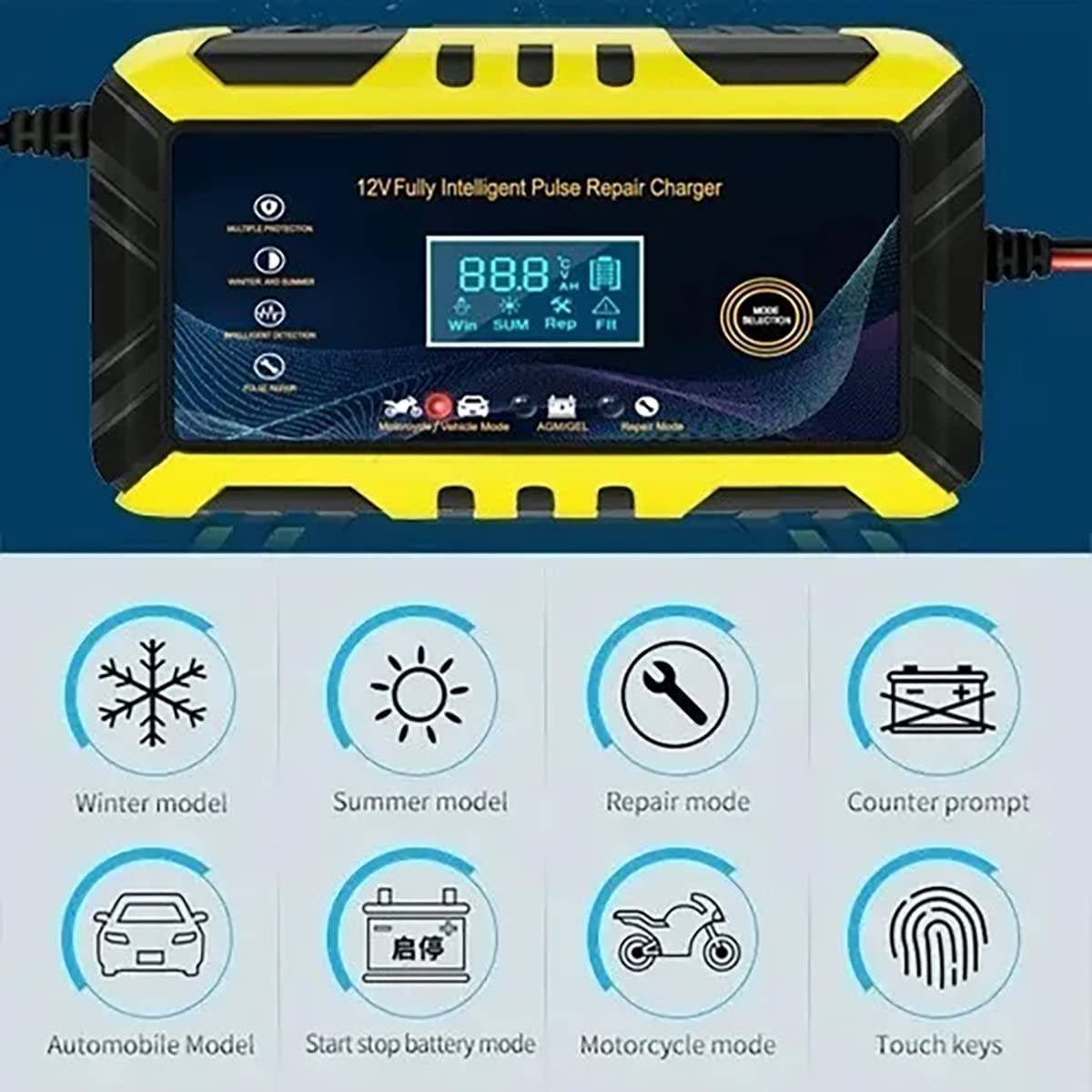 Cargador de Batería Inteligente Automático para Auto y Moto 12V 6A con Múltiples Protecciones