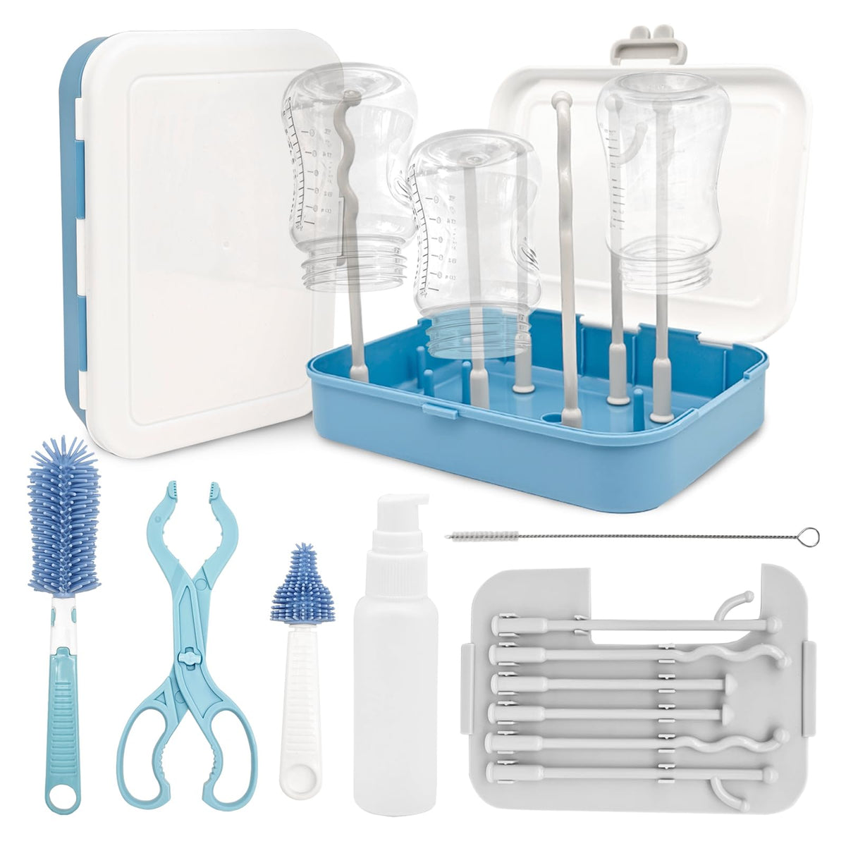 Juego de cepillo para biberones Pesilo, kit limpiador de biberones con cepillo de silicona, cepillo para pezones, cepillo para pajitas, dispensador de jabón, estante para secar biberones, caja de