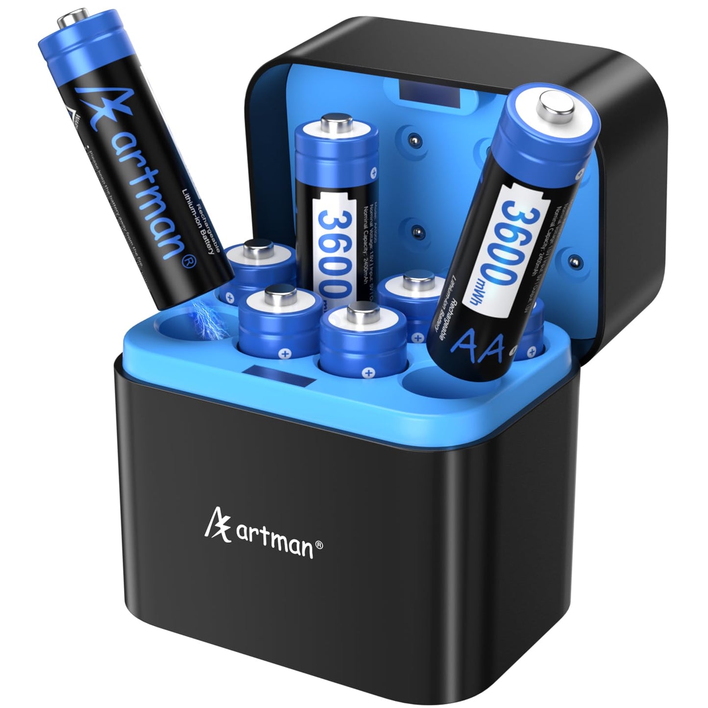 Artman Baterías AA recargables de litio con cargador rápido, paquete de 8 baterías de litio AA de 3600 mWh para cámara Blink al aire última intervensión, batería doble A de salida constante de 1.5 V
