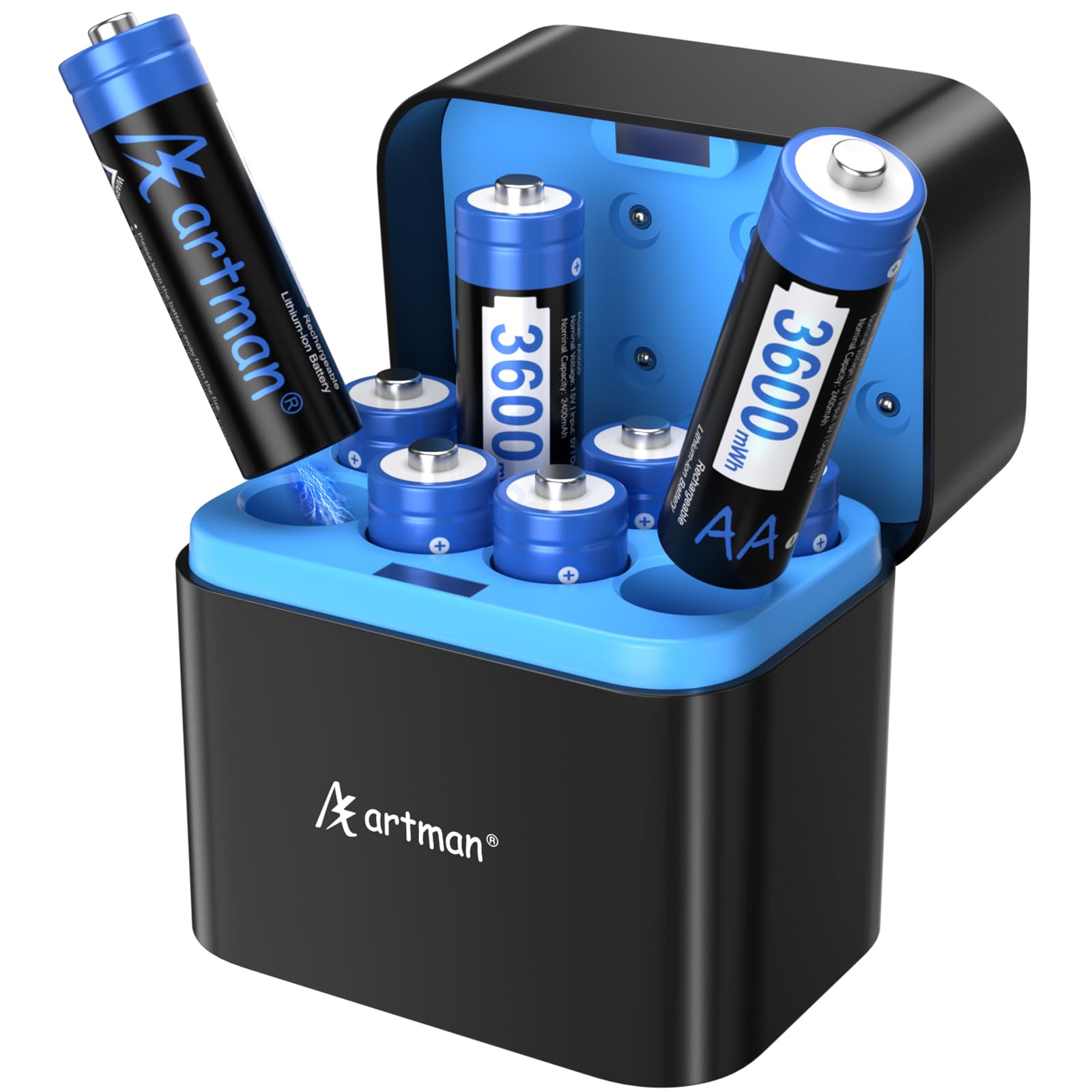 Artman Baterías AA recargables de litio con cargador rápido, paquete de 8 baterías de litio AA de 3600 mWh para cámara Blink al aire última intervensión, batería doble A de salida constante de 1.5 V