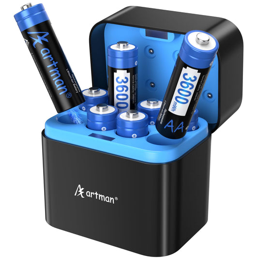 Artman Baterías AA recargables de litio con cargador rápido, paquete de 8 baterías de litio AA de 3600 mWh para cámara Blink al aire última intervensión, batería doble A de salida constante de 1.5 V