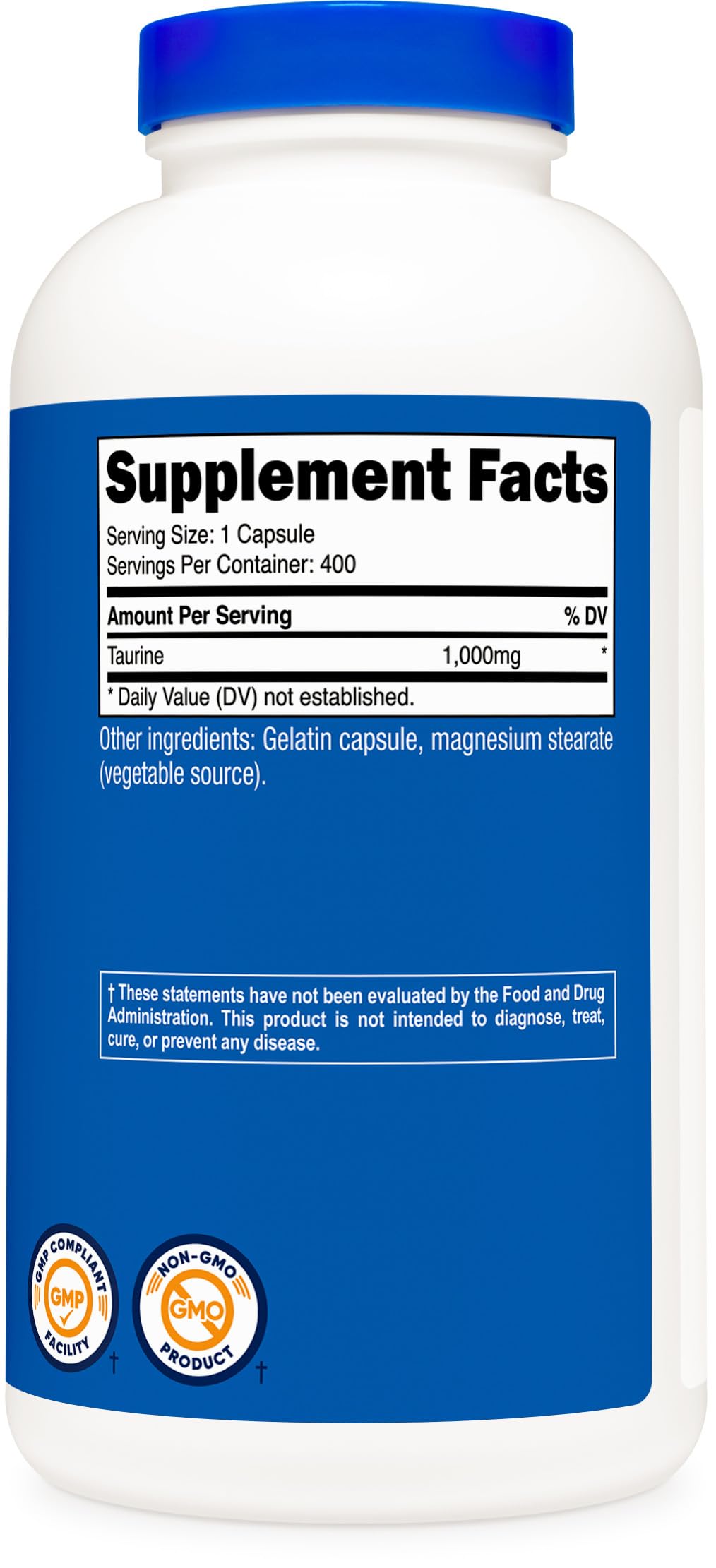 Suplemento Nutricost Taurina 1000mg 400 Cápsulas Sin Gluten y OGM