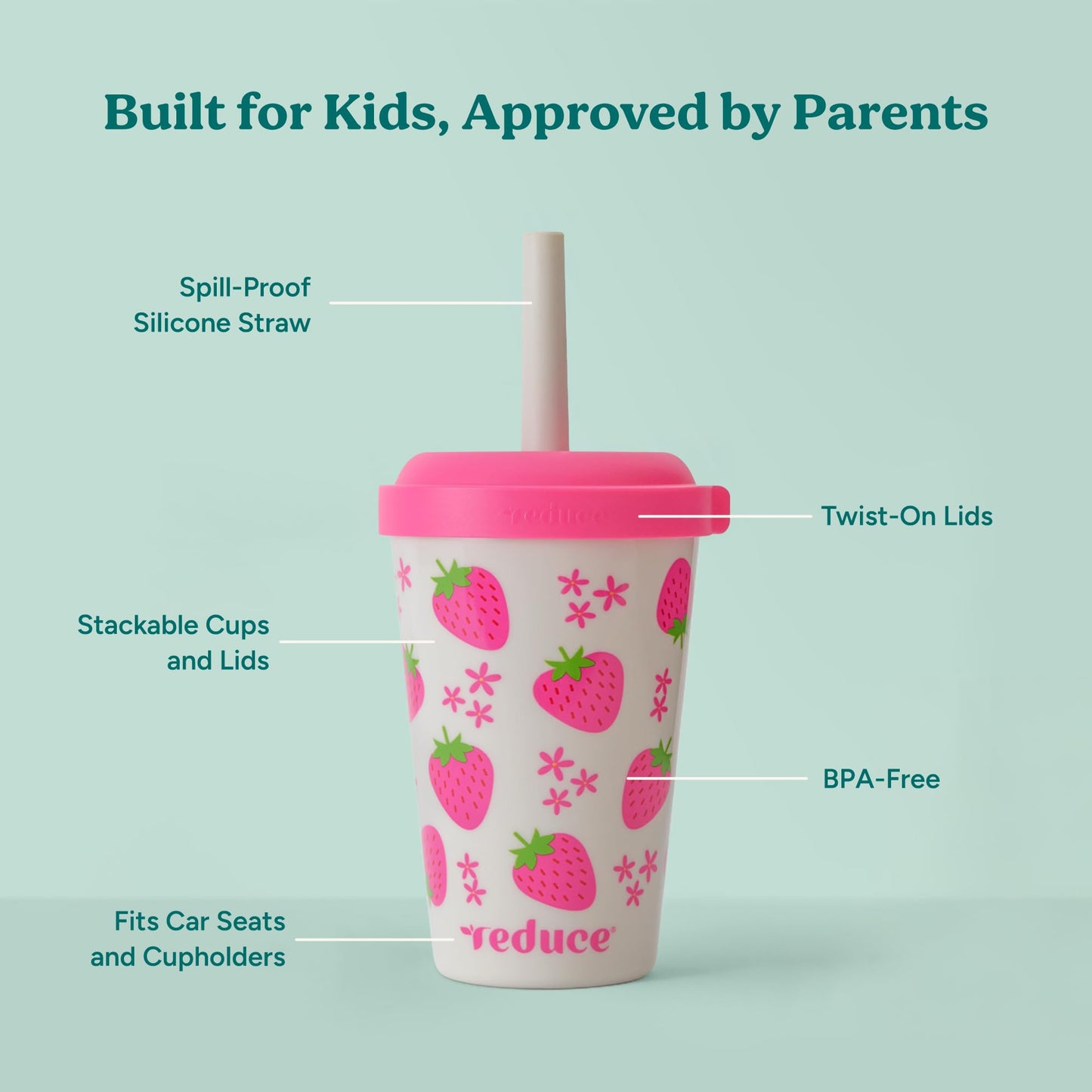 REDUCE GoGo's Vasos Tumbler Portátiles para Niños con Tapas y Pajitas a Prueba de Derrames - Paquete de 10 Vasos Apilables de 12 oz con Tapas de Rosca - Fácil Almacenamiento, Apto para Lavavajillas