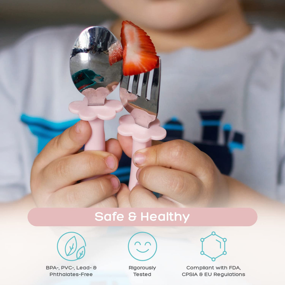 Grabease Juego de utensilios de acero inoxidable de 3 piezas para alimentación independiente: tenedor, cuchara y cuchillo de seguridad para 18 meses en adelante; BPA, PVC, sin plomo ni ftalatos y apto para lavavajillas (rosa rubor)