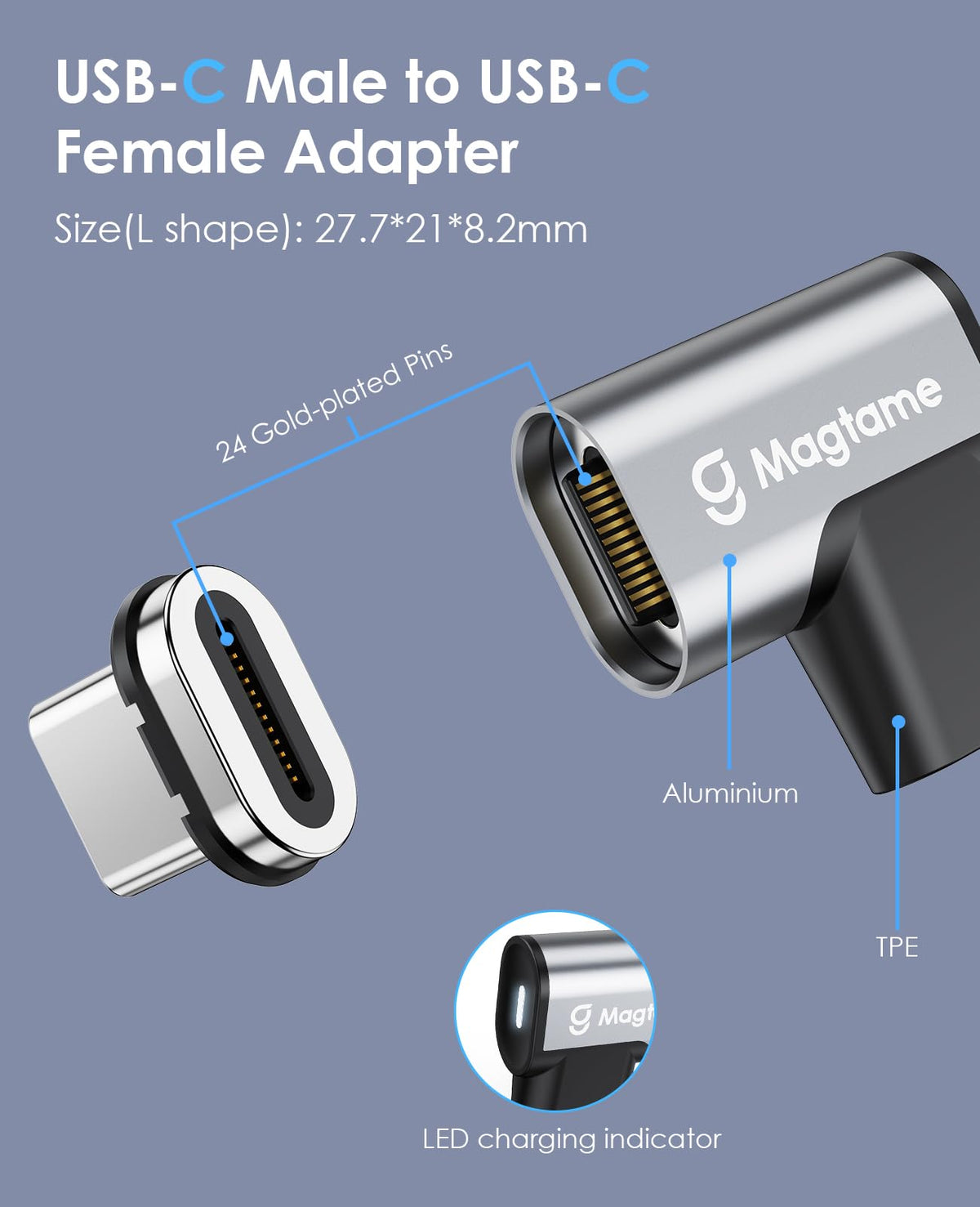 Adaptador Magnético USB C Magtame Negro 90 Grados Carga Rápida para Laptop