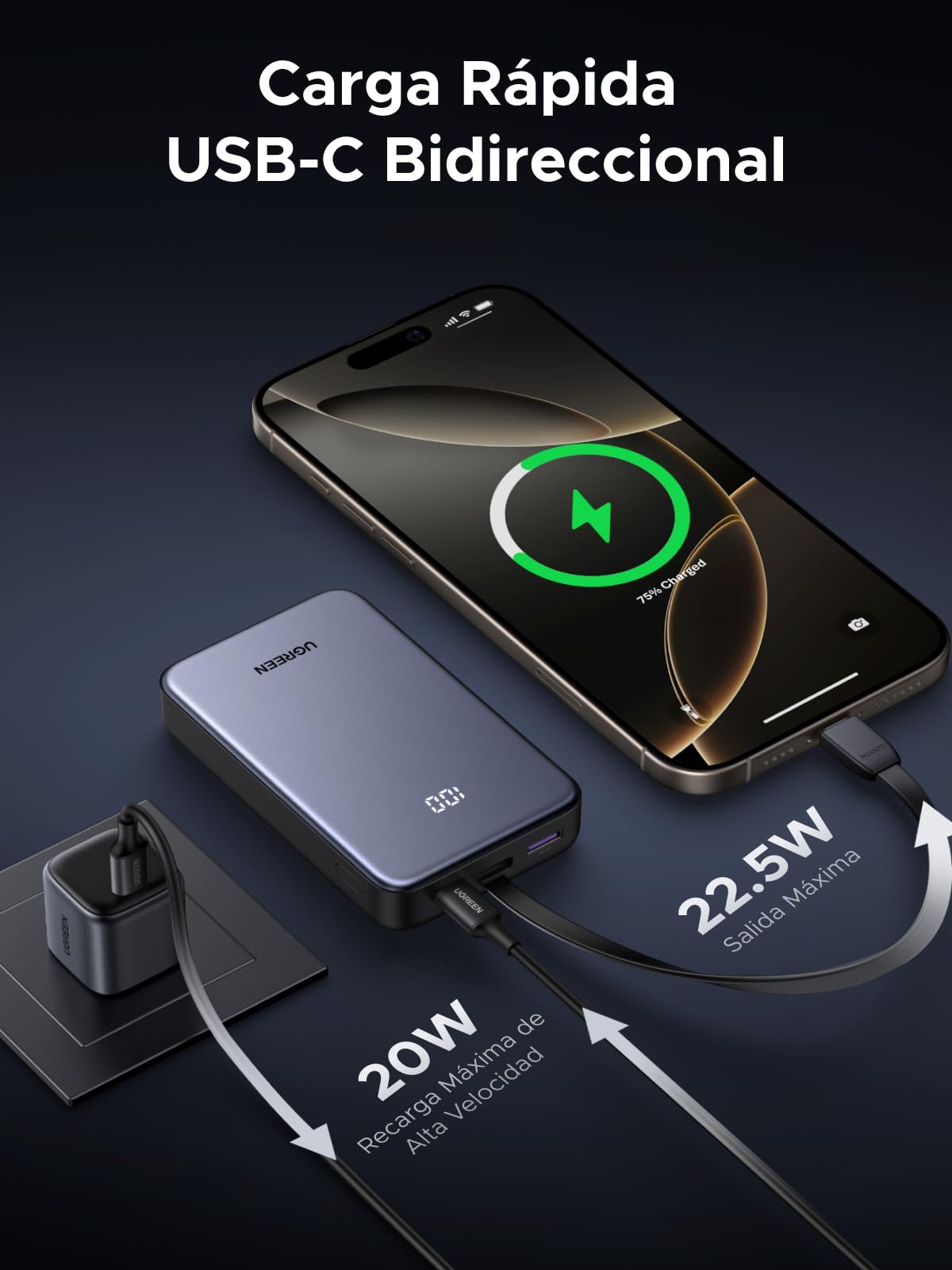 Cargador Portátil UGREEN 20000mAh Negro con Cable USB C y Carga Rápida