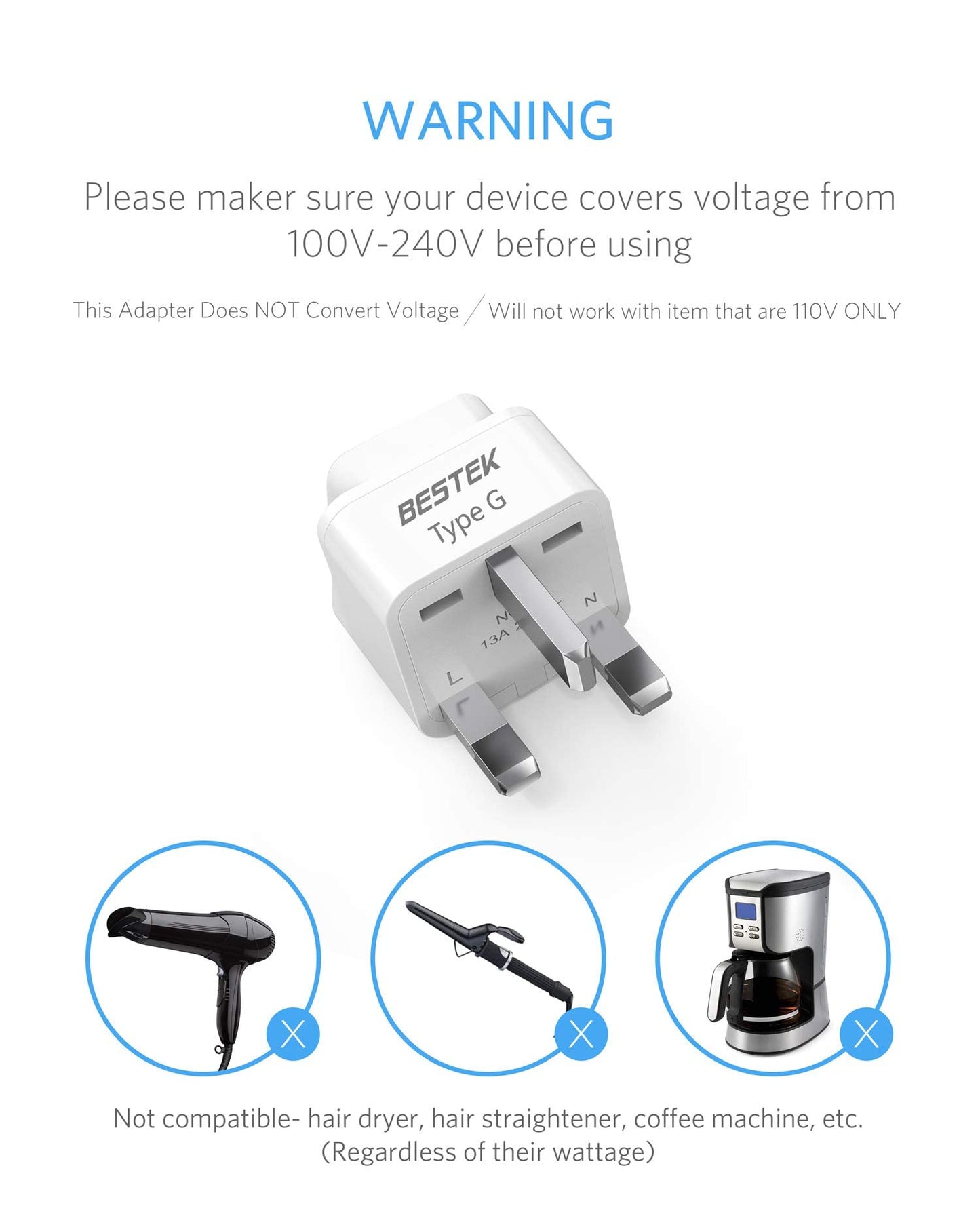 BESTEK® [3 artículos contenidos Clavija adaptadora de Americano a Reino Unido Adaptador Universal de contactos eléctricos.(Type UK)