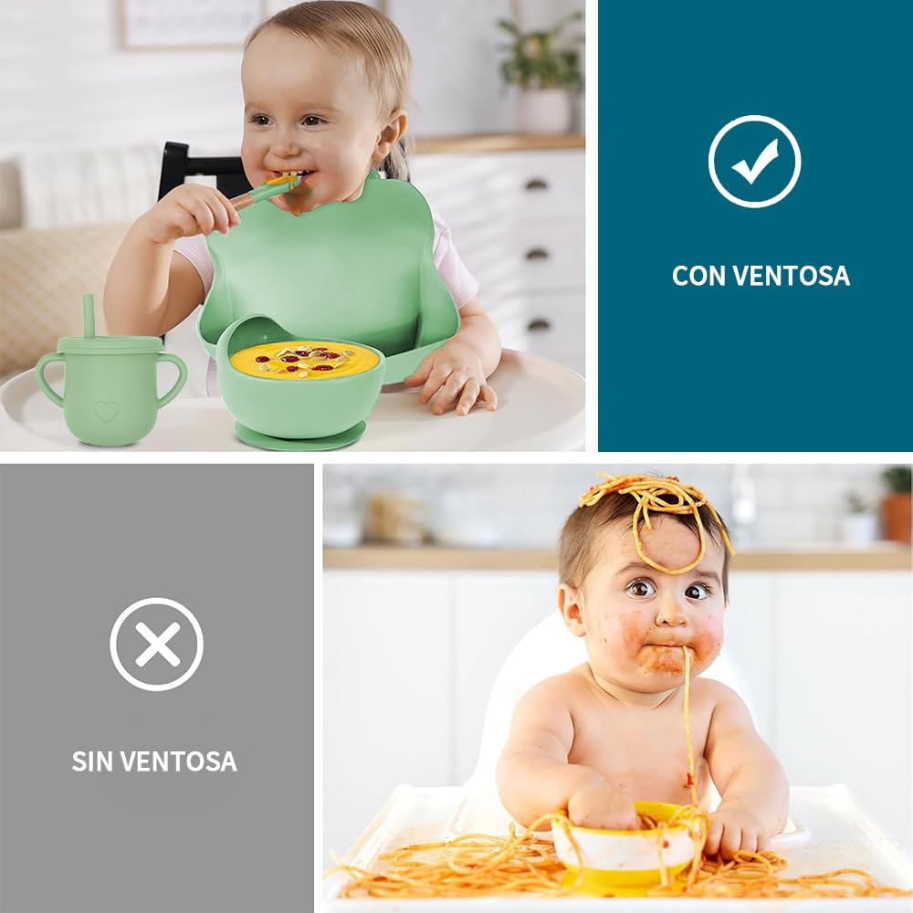 FINYQBET Platos Para Bebés De Silicona Con Tazón Cuchara Tenedor Babe,Set de 8 Piezas para Bebés,Plato para Bebe con Ventosas, Ajustable,VERDE