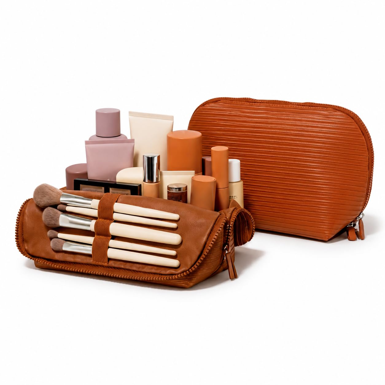 APT 1101 - Bolsa de maquillaje plegable de pie grande para viajes, diseño vertical plegable, bolsa organizada para cosméticos y cuidado de la piel para viajes de 2 a 4 semanas (chocolate)