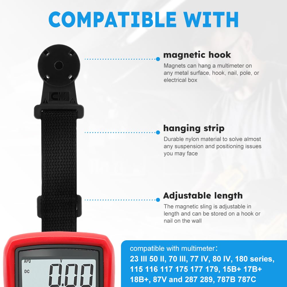 Kit de correa magnética para colgar multímetro digital Fluke, kit de bucle universal para colgar con imán para Fluke 23 III 50 II, 70 III, 77 IV, 80 IV, 180 Series, 115B+ 17B+ 18B+ multímetros (negro)