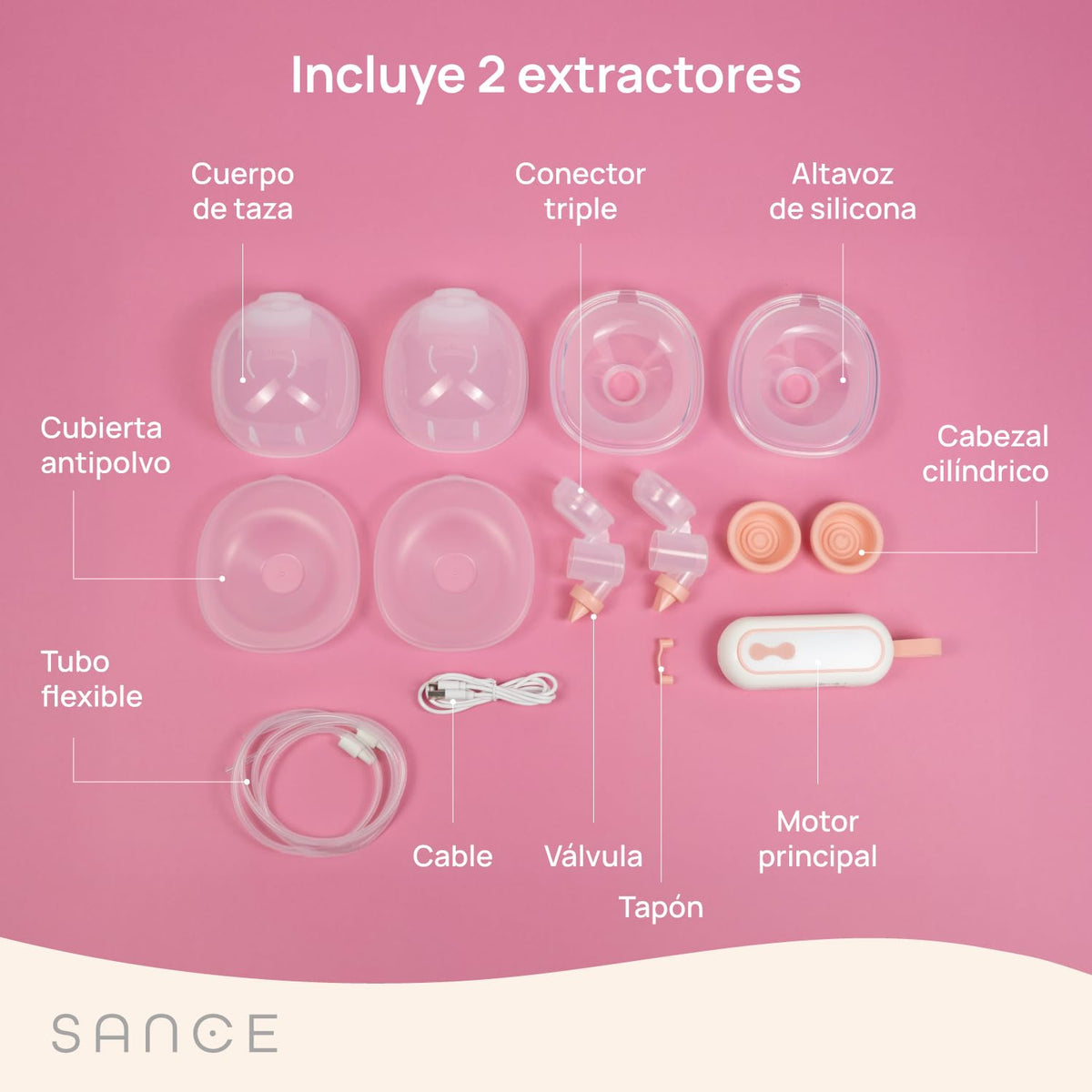 SANCE Extractor de Leche Doble Manos Libres - Gran Succión - Blanco y Rosa
