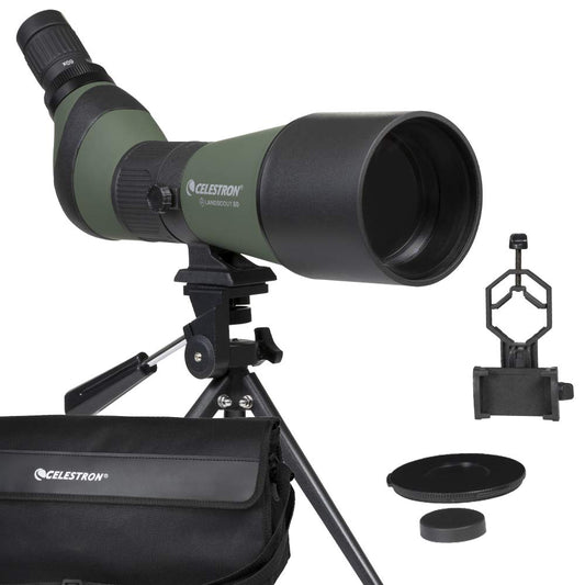Celestron LandScout - Alcance de detección en ángulo de 80 mm - Óptica Totalmente recubierta - Ocular de Zoom 20-60x - blindado de Goma - trípode de Mesa y Adaptador para Smartphone