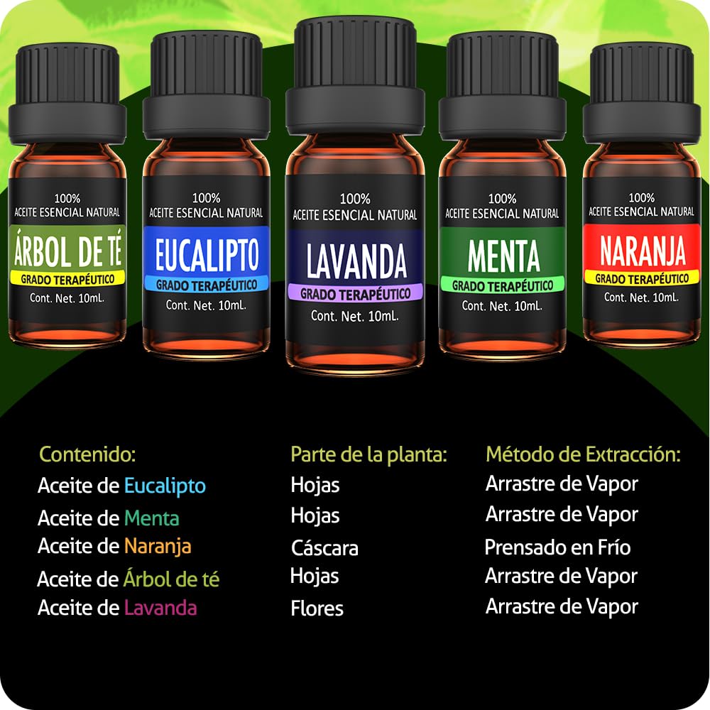 Kit de Aceites Esenciales Nature's Oils Lavanda, Árbol de Té, Eucalipto, Naranja y Menta para Difusor y Aromaterapia
