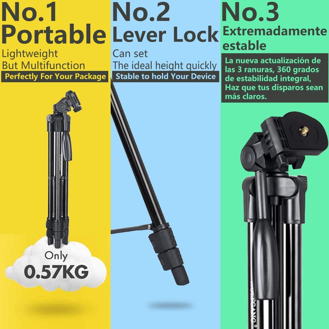 Cámara de Aleación de Aluminio Portátil Trípode RabbitStorm Trípode de Cámara, Trípode Móvil, Rotación de 360 grados, hasta 125cm, con Soporte de Trípode para Teléfono, Adecuado para 1/4 Interfaz de Tornillo Universal SLR/Micro Single/DV/DC/Gopro