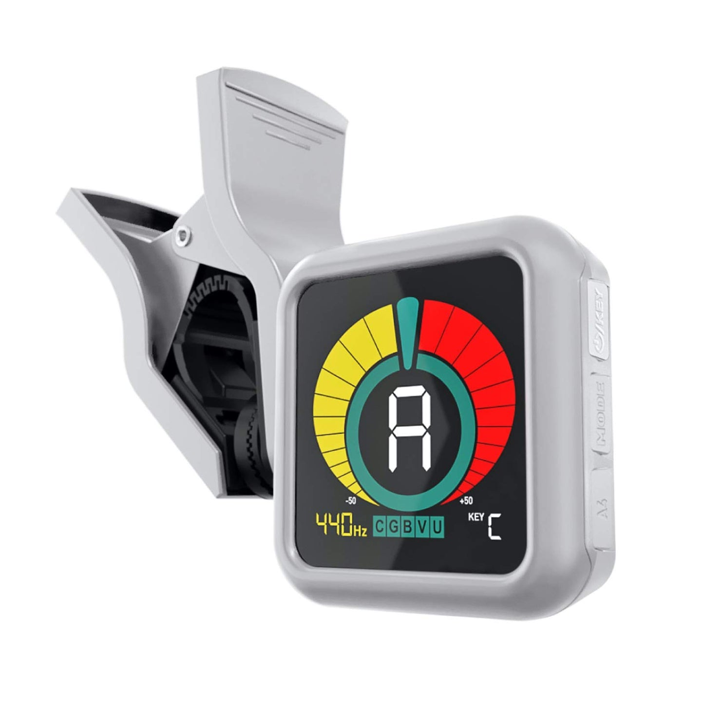 KLIQ UberTuner, sintonizador profesional de clip para guitarra, bajo, ukelele, violín, mandolina, banjo y todos los instrumentos, afinación cromática rápida y precisa con modos multi-tecla, blanco