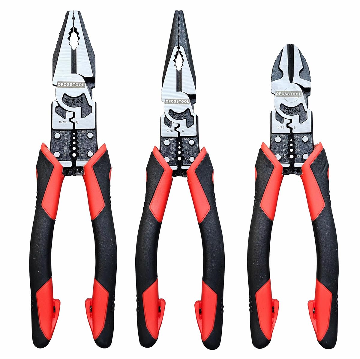 Juego de 3 alicates combinados, herramienta eléctrica multifunción 9 en 1, nariz de 8.5 pulgadas de largo, linieros de 8.5 pulgadas, pelacables de corte diagonal de 8 pulgadas, corte lateral
