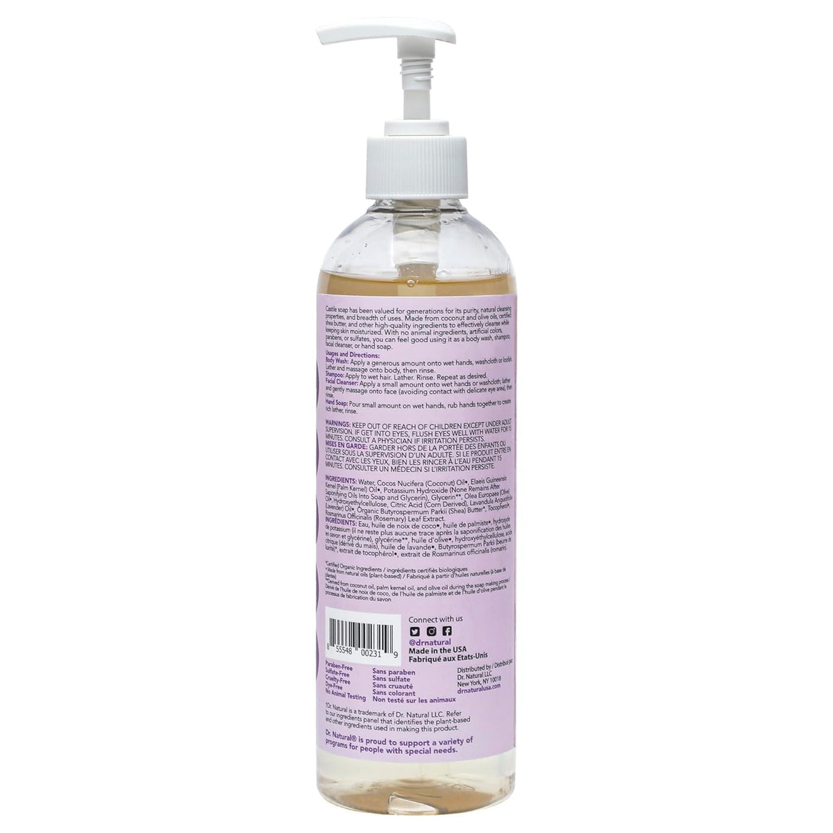 Dr. Natural Jabón de Castilla Líquido para Cuerpo | Natural, Orgánico, Sin Sulfatos y Parabenos | Shampoo y Jabon Facial | Hecho de Plantas, Aceite de Oliva, Coco y Palma, Manteca de Karité y Romero (Lavanda)