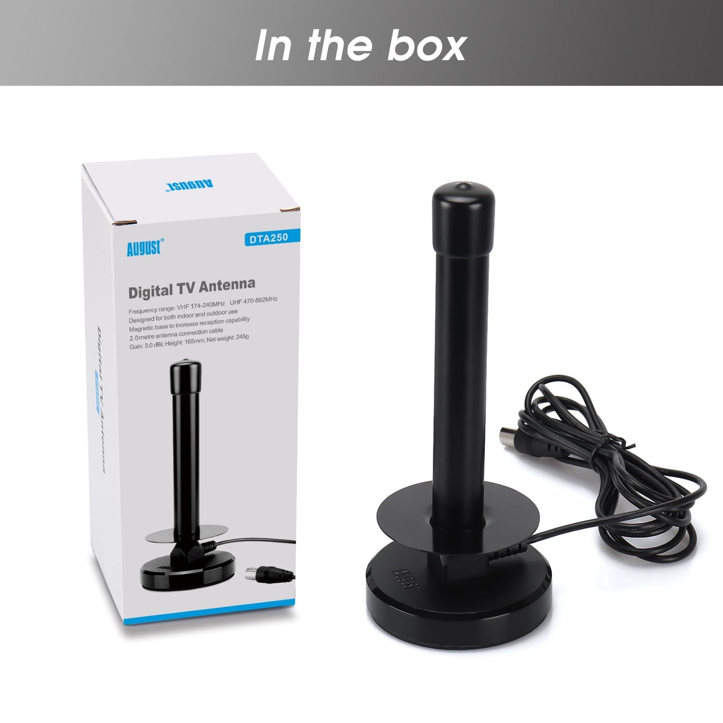 August Antena Digital HDTV DTA250 - Antena de TV portátil de Alta Ganancia con Base magnética y Cable coaxial - Alcance de 75 Millas
