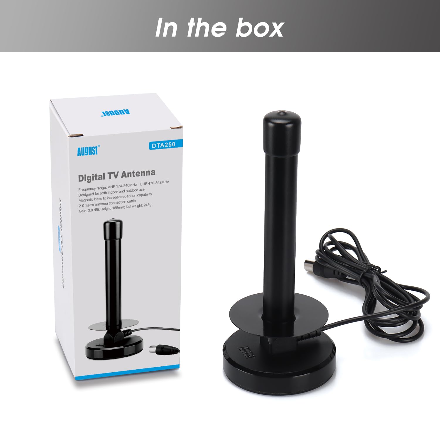 August Antena Digital HDTV DTA250 - Antena de TV portátil de Alta Ganancia con Base magnética y Cable coaxial - Alcance de 75 Millas
