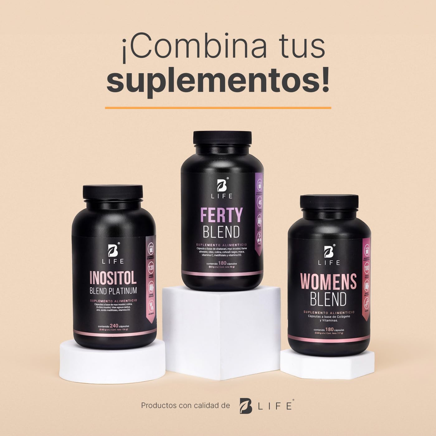 Complejo de Myo Inositol y Shatavari | Fertilidad | 180 Cápsulas| 1000 mg por porción. Adicionado con Ñame Silvestre, Maca, Vitex. Ingredientes Naturales. Ferty Blend B Life.