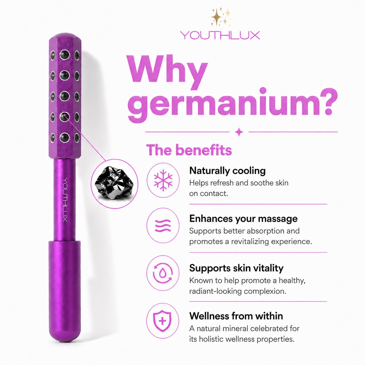 YOUTHLAB Radiance Roller - Germanium Stone Uplifting Face Massage Beauty Roller/Tool for Skin Tightening/Firming, De-Puffing, Anti-Aging and Tension Relief (Purple and Rose Gold)