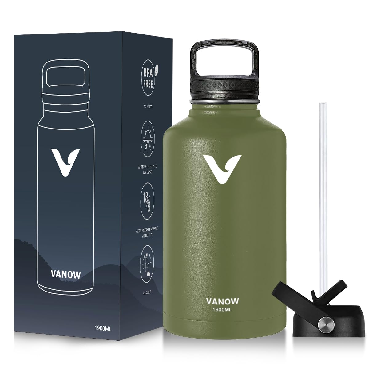 Termo de Acero Inoxidable con Asa Verde Militar Doble Pared Tapa Hermética Antigoteo 1900ml