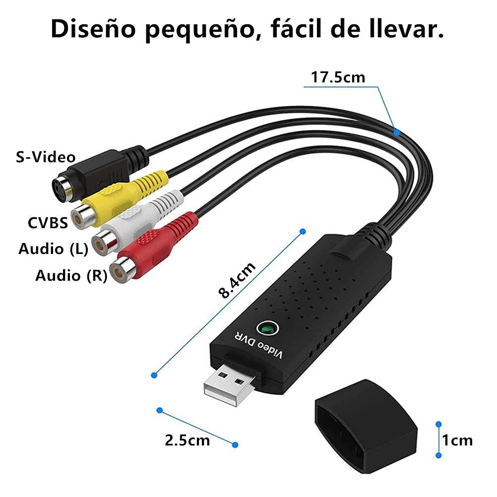 Dispositivo de tarjeta de captura de video, convertidor de audio / video USB 2.0: digitalice y edite video desde cualquier fuente analógica, incluidos VCR, VHS, DVD Adaptador USB2.0 Audio Grabber VHS VCR Convertidor de TV a DVD para PC con Windows