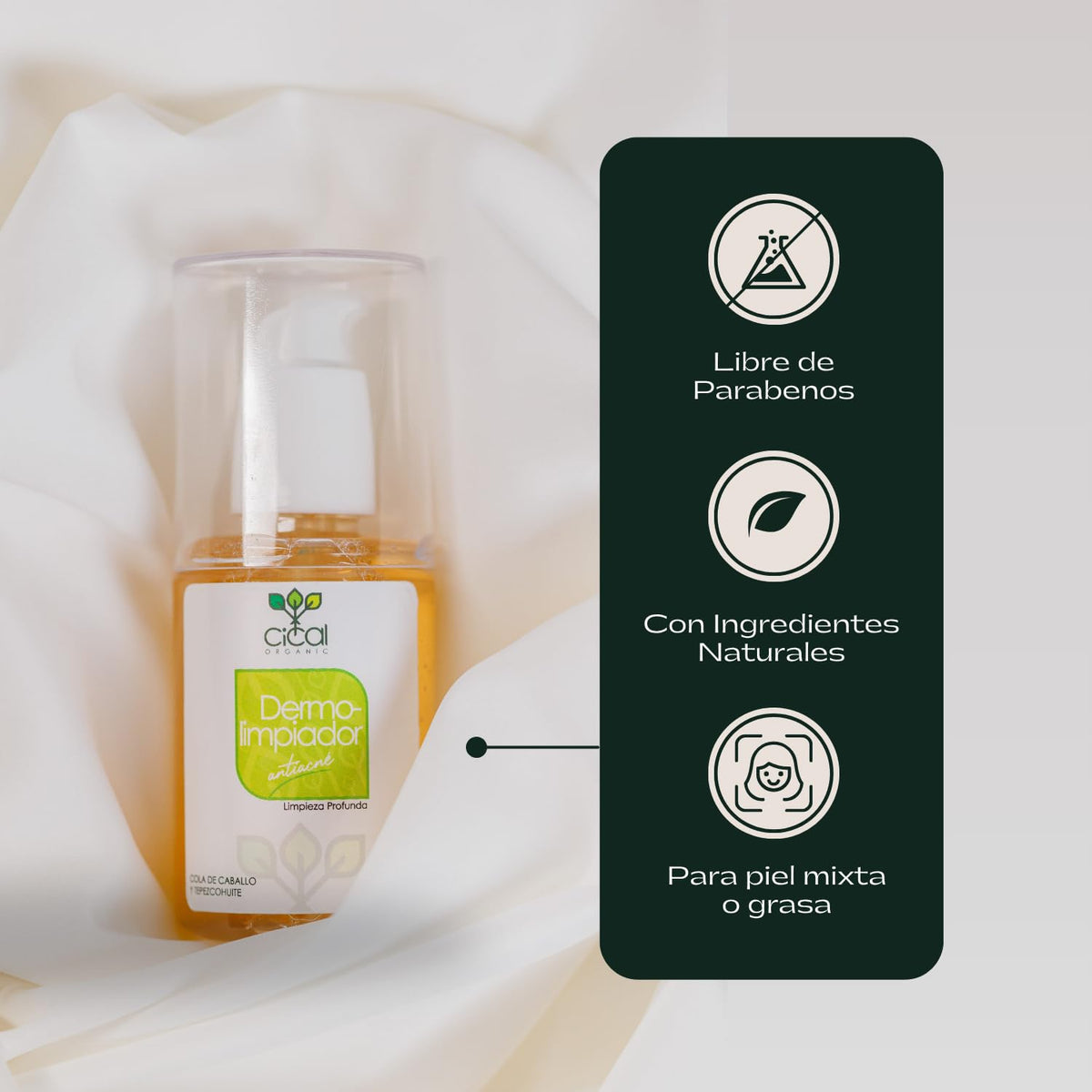 Cical Organic Dermolimpiador Antiacné, Gel Limpiador Facial con Tepezcohuite, Hamamelis y Cola de Caballo, Limpieza Profunda, 100g
