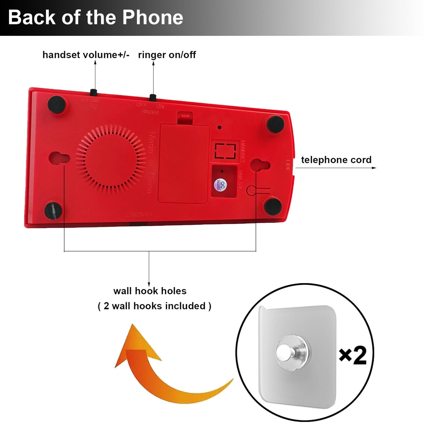 Artisam - Teléfonos fijos para el hogar, teléfono fijo de pared con cable, teléfono retro para el hogar para personas mayores, diseño básico, no requiere alimentación AC, montable en pared (rojo)
